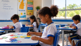 Menina Monta Quebra-Cabeça na Sala de Aula