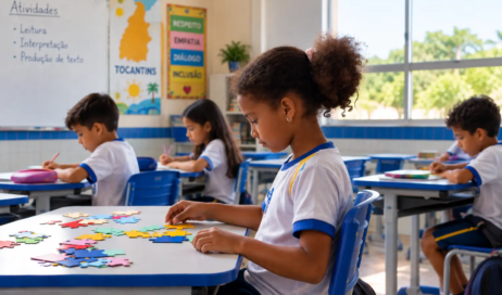 Menina Monta Quebra-Cabeça na Sala de Aula