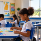 Menina Monta Quebra-Cabeça na Sala de Aula