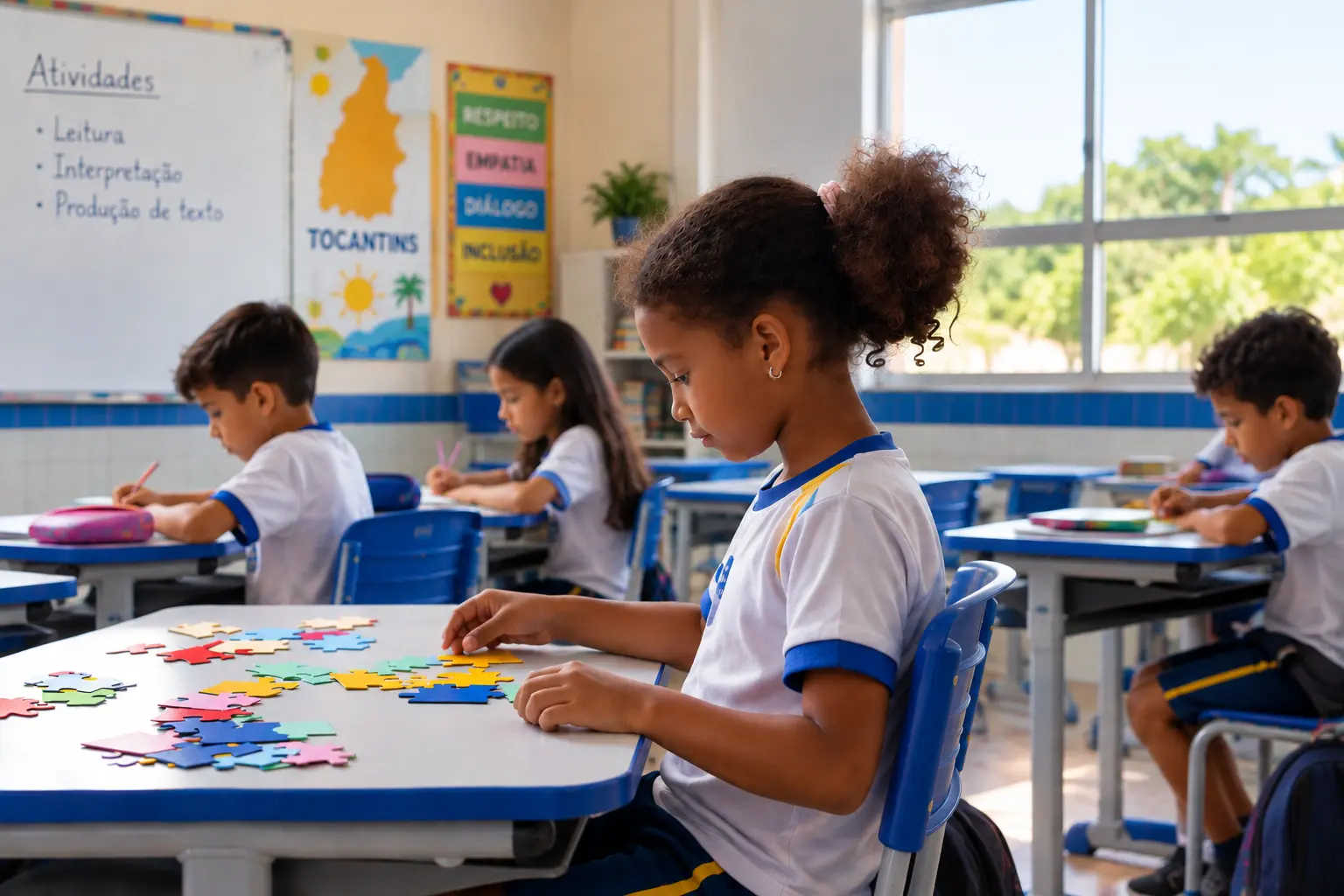 Menina Monta Quebra-Cabeça na Sala de Aula